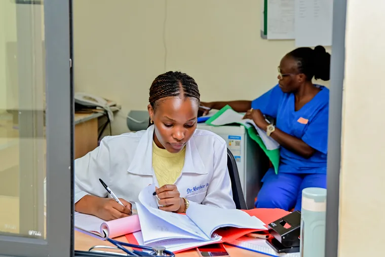 Clinical staff at the nurses’ station at Doctors’ Hospital Sseguku